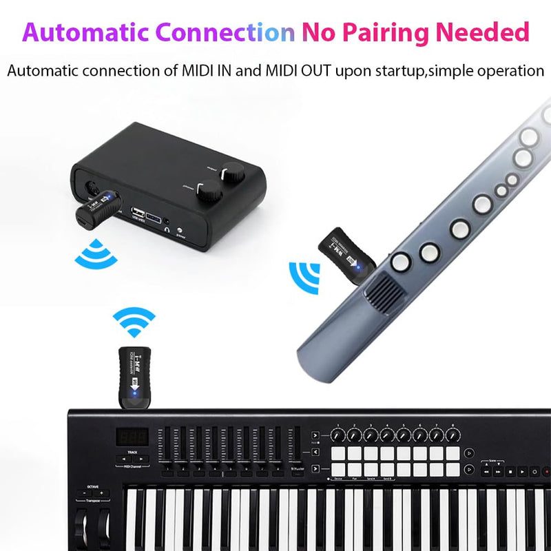 MIDI Adapter Rechargeable Audio Transmitter Receiver 2.4GHz Ultra-Low Latency Built-in Silent Portable MIDI Connector for Wind Instruments Guitar Digital Piano Keyboard