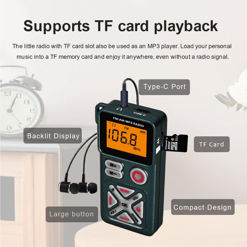 [AUSTRALIA] - Pocket am fm Radio Portable with Stereo Headphones, Mini Transistor Radio Digital Tuning with Excellent Reception, TF Slot, USB-C Rechargeable Battery Operated, Belt Clip for Walking, Jogging (Green) Green 