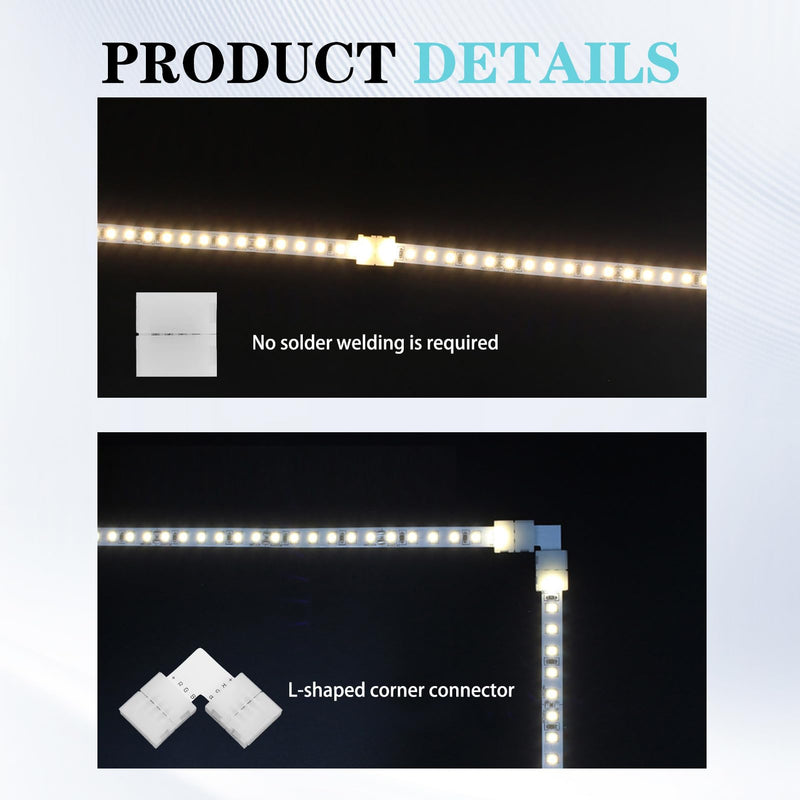 20 pieces 10 mm LED strip connector set, SMD 5050 RGB strips, includes L-shaped light strip connector, 4-pin, 4-pin gapless LED strip connector