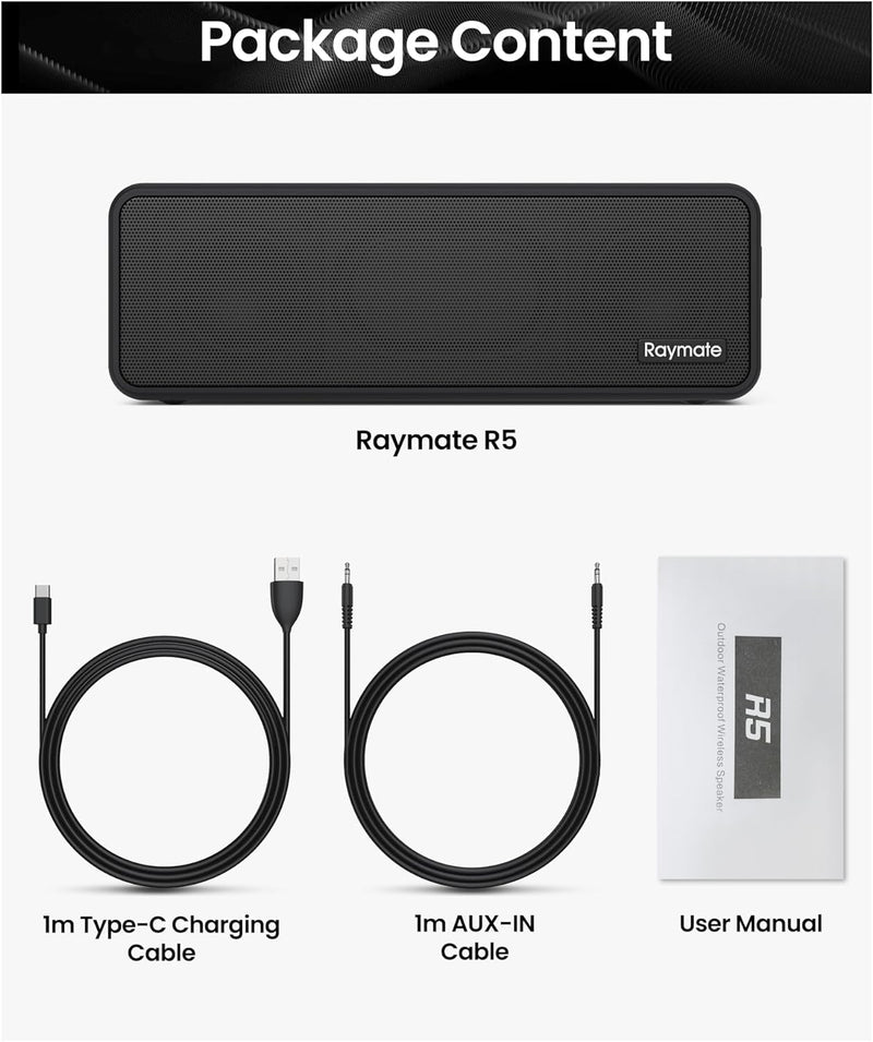 Raymate Bluetooth Speakers, 20W IPX7 Waterproof Speaker Wireless Bluetooth-V5.0, HiFi Stereo Sound, 1000mins Playtime, Portable Speaker for Home, Outdoor, Party Black