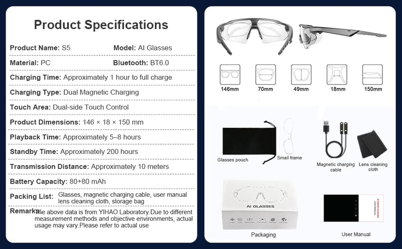 Polarized Bluetooth Sunglasses with Speaker for Running Cycling | Smart Glasses with Voice Control, Hands-Free Calls, UV400 Protection, Magnetic Charging, 6-8H Playtime for Men Women Sunglasses Half-rimmed