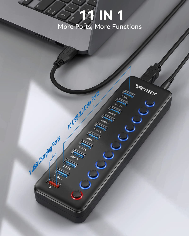 Powered USB Hub, Wenter 11-Port USB Splitter Hub (10 Faster Data Transfer Ports+ 1 Smart Charging Port) with Individual LED On/Off Switches, USB Hub 3.0 Powered with Power Adapter for Mac, PC 10 USB 3.0 ports + 1 Charging port