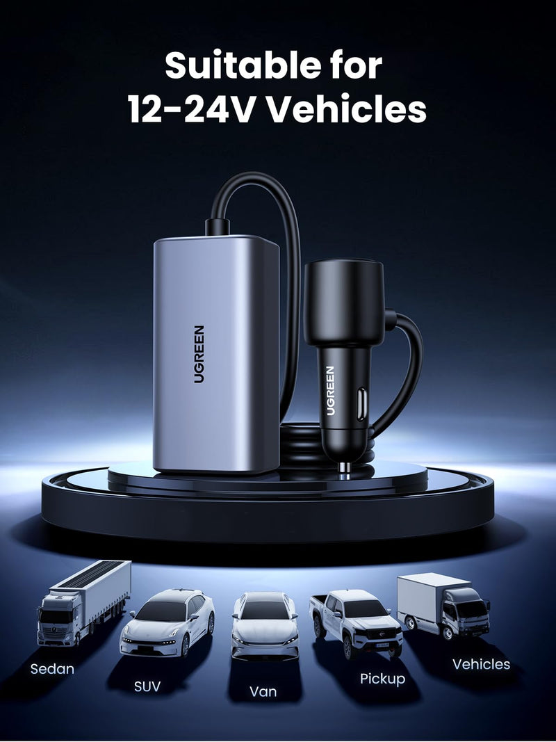 UGREEN 150W 4-Port Retractable Car Charger with Built-in Cable | 3 USB-C 1 USB-A, Compatible with iPhone 17 Air 17 Pro 17 Pro Max 16 15 14 13 12, Galaxy S25 S24 S23 Ultra, iPad, MacBook