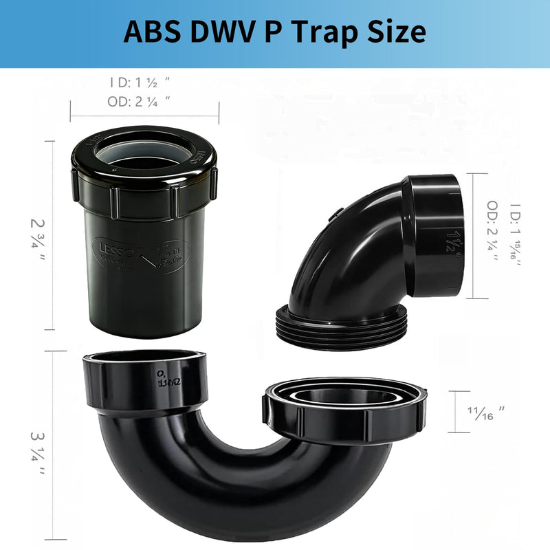 Lesso ABS Adjustable P Trap1 1/2 Inch for RV Drain Bathroom Kitchen Sink Drain Pipe Tubular Kit with White Threaded Adapter Ring 1-1/2 x 1-1/2 Inch P trap-B