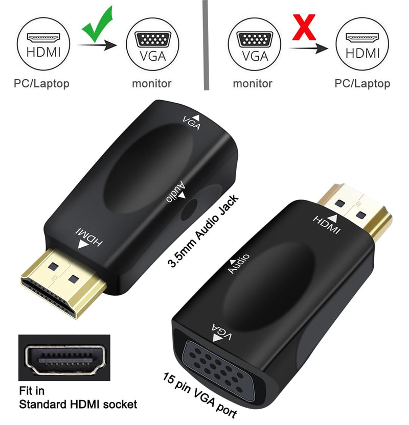 DTECH HDMI to VGA Adapter with 3.5mm Audio Jack for Computer Monitor Laptop Raspberry Pi PS3 Xbox DVD TV LCD Display 1080P Full HD Video (Male HDMI Input and Female VGA Output)