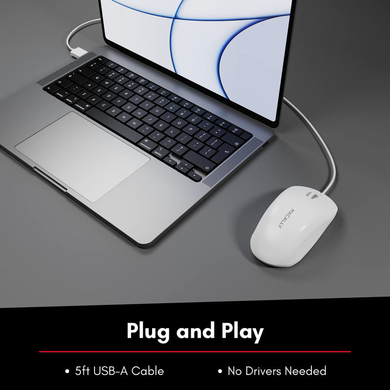Macally USB Wired Computer Mouse for Mac and PC - Simple, Clean, and Effective - White Wired Mouse with 5ft Cable, 3 Buttons, and 1000 DPI Sensor - Plug and Play Wired Mice for Mac