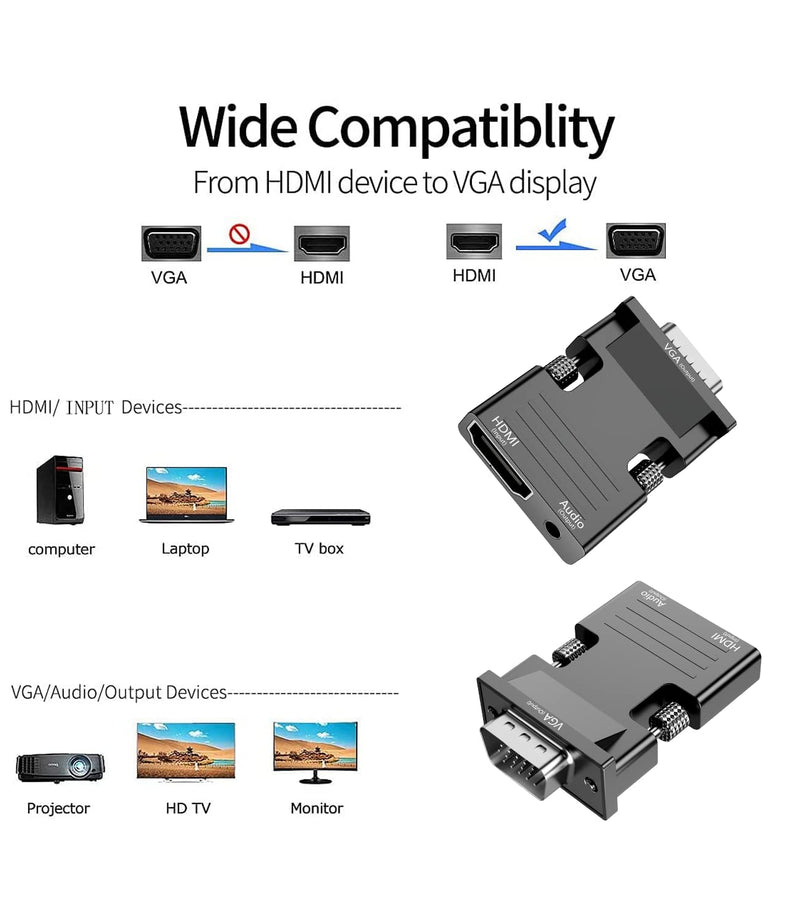 HDMI to VGA Adapter Converter, Audio Output Computer Set-top Box Connector Dongle for Laptop, PC, Monitor, Projector, HDTV, Chromebook, Roku, Xbox -3.5mm Stereo Cable Included