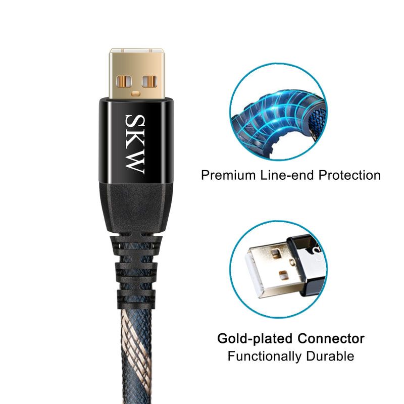 SKW Audiophile USB A to USB B DAC Cable 6.5ft/2m, Digital Audio USB 2.0 | Ultra-high Purity Copper, Printer Cable, Double-shielded, Gold-plated Contacts, Braided Nylon Jacket, PC to DAC, Sound Card 6.5 ft (2 m)