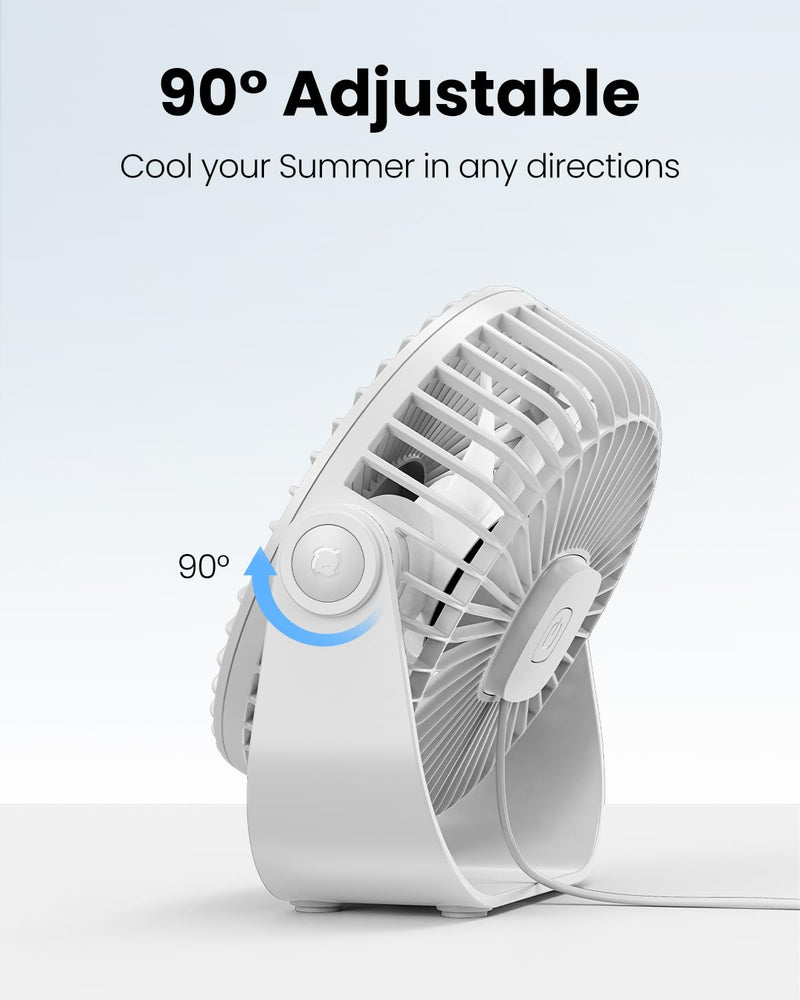 Gaiatop USB Desk Fan, 3 Speeds Portable Small Fan with Strong Airflow, 5.5 Inch Quiet Table Fan, 90° Rotate Personal Cooling Fan For Bedroom Home Office Desktop Travel (White) White