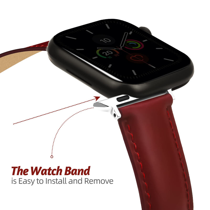 Compatible with Apple Watch Bands 49mm 45mm 44mm 42mm 41mm 40mm 38mm, Genuine Leather Accessories Replacement Wristband for iWatch Ultra2, Ultra, SE3 SE2 SE Series 9 8 7 6 5 4 3 2 1 Deepred 49/45/44/42mm
