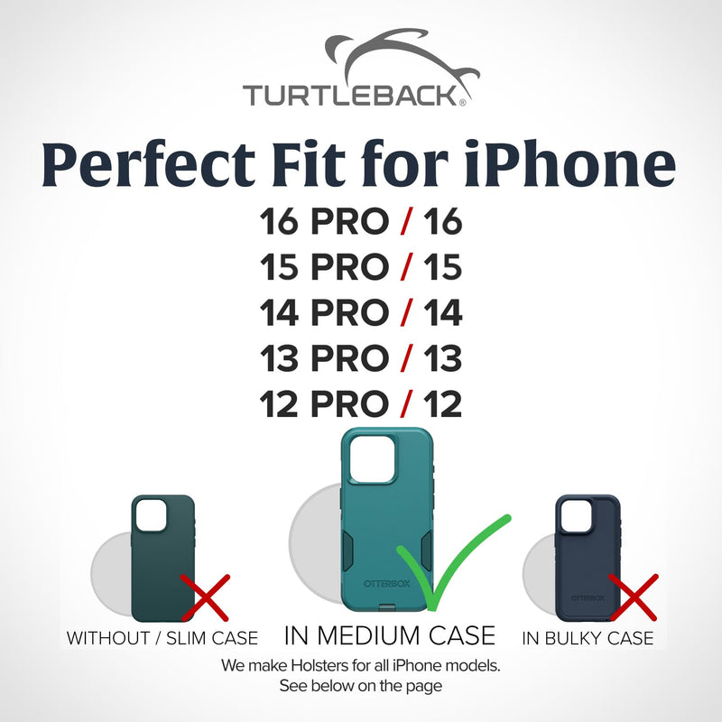 Turtleback Belt Clip for iPhone 16 Pro, 16e, 15 pro 14 Pro 13 Pro -Medium- Fits w/Shockproof Commuter Style Cases, Premium Black Leather, Vertical Belt Holder, Magnetic Closure HD Rotating Clip Medium Vertical - Leather w/ Metal Clip