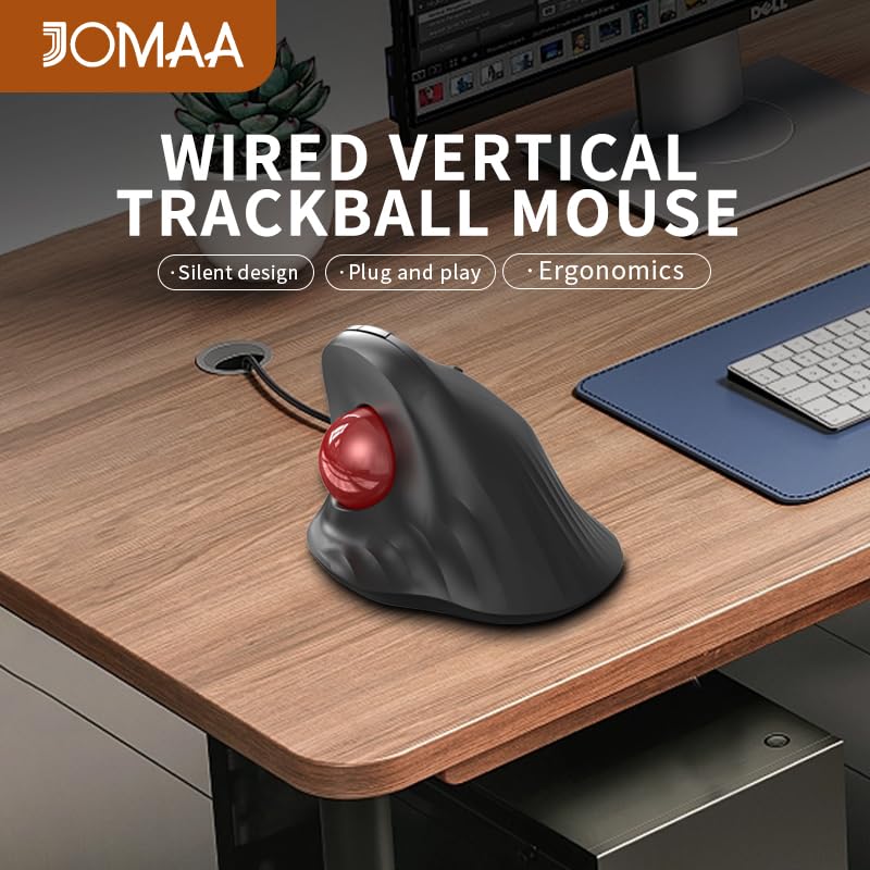 JOMAA Wired Trackball Mouse – 6-Button Ergonomic Design with CPI Switch (400/800/1200/1600), Red LED Indicator, 250Hz Polling Rate, Plug & Play, for PC, Laptop, Desktop (Red)