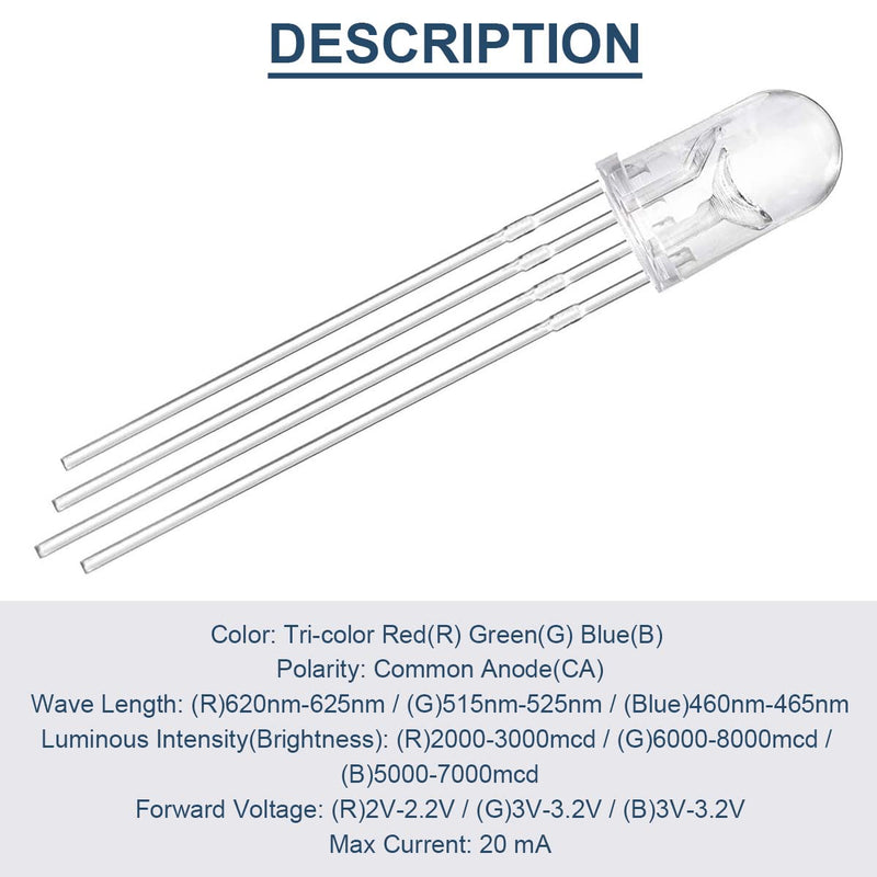 100Pack 5mm LED Light Emitting Diode Common Anode DC 3V 20mA RGB Tri-Color(Red/Green/Blue) 4Pin Clear Transparent Round LED Buld Lamps Electronics Components for Arduino Transparent Common Anode