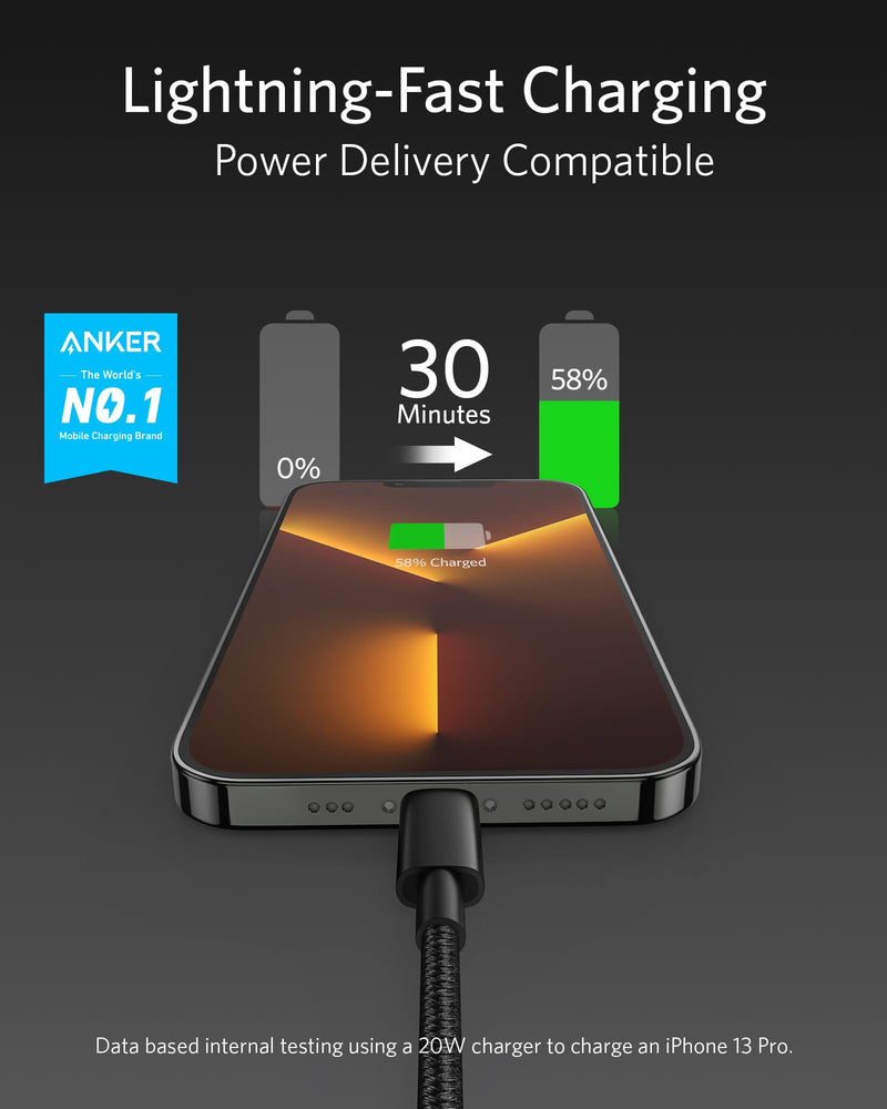 Anker New Nylon USB-C to Lightning Charging Cord for [3.3ft MFi Certified] for iPhone 13 13 Pro 12 Pro Max 12 11 X XS XR 8 Plus, AirPods Pro, Supports Power Delivery (Black) (Pack of 2) 3.3 feet (Pack of 2) Black