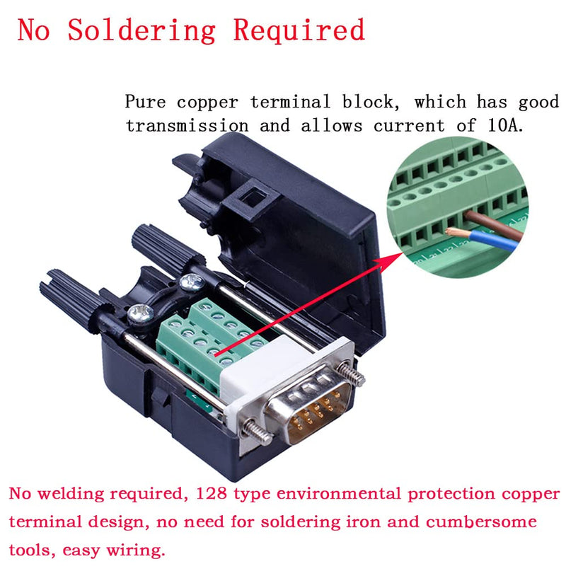ANMBEST 10PCS DB9 Male Breakout Connector,DB9 Solderless RS232 D-SUB Serial to 9-pin Port Terminal Adapter Connector Breakout Board with Case Long Bolts Tail Pipe 10PCS Male Adapter