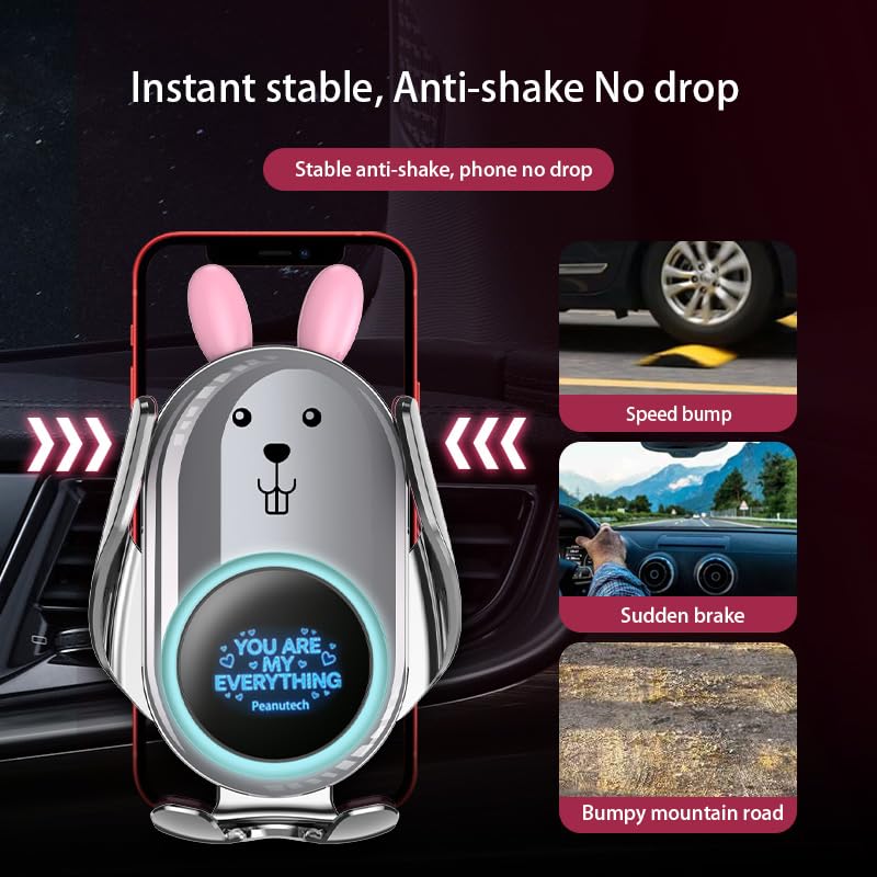 Cute Silver Rabbit Wireless Fast Charge Car Holder, Auto Clamp Vehicle Phone Mount