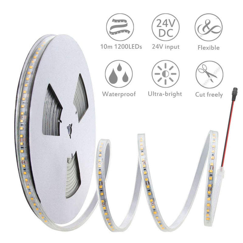 [AUSTRALIA] - ALITOVE LED Strip Lights Warm White Waterproof 32.8ft 1200 LEDs 2835 SMD 24V DC 3500K Outdoor LED Flexible Ribbon for Kitchen Bedroom Garden Under-cabinet Backyard Hallways(No Power Supply & Adhesive) SMD 10M IP67 
