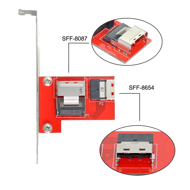 CY PCI-Express 4.0 Slimline SAS SFF-8654 to Mini SAS SFF-8087 PCBA Female Adapter with Bracket Red SFF-8087 to SFF-8654