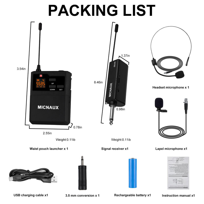 Wireless Lapel Microphone System with Headset & Lavalier Mics, UHF Bodypack Transmitters, Mini Rechargeable Receiver, 48 Channels in 500MHz, 260ft Range, Plug & Play for Wedding Speech Church BXMIC01