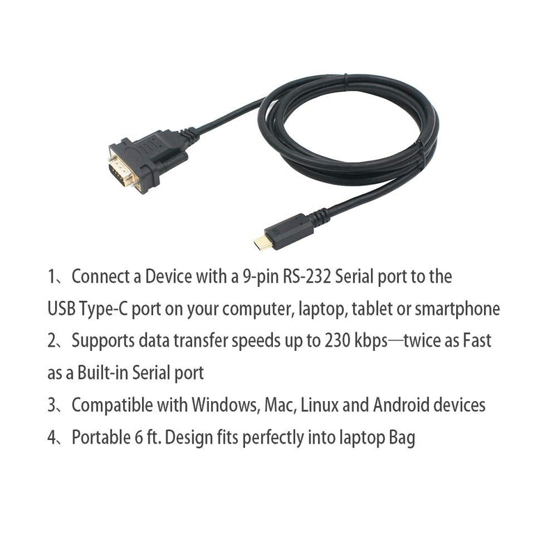 USB to DB9 RS232 Serial Adapter Converter Cable with FTDI Chip 6ft Support Win10/8/7/XP/Android/Mac/Linux/Vista (Type C to DB9) Type C to DB9