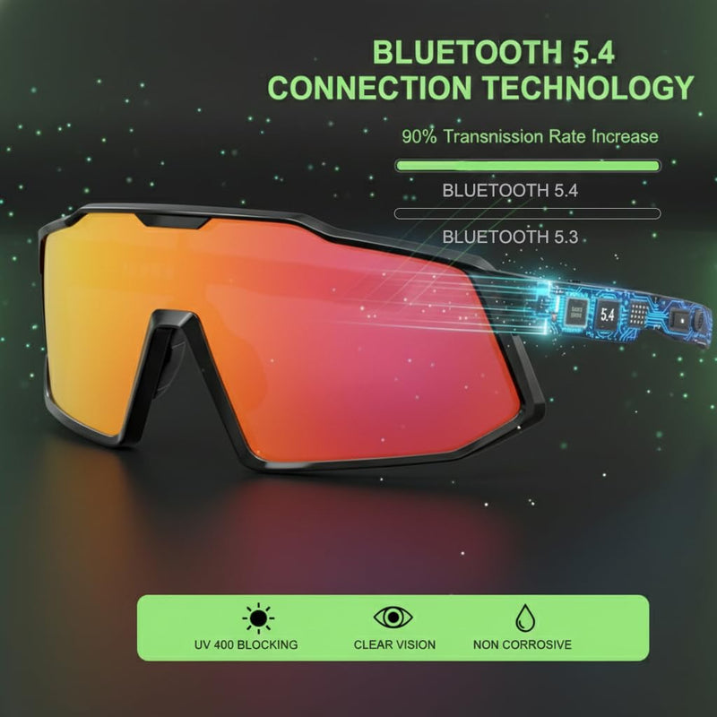 AI Smart Glasses with Open-Ear Audio, Orange Red | Bluetooth Sunglasses, Polarized UV400, Hands-Free Calls, Real-Time Translation, 133-Language, IP65 Waterproof,Cycling Running Matte Black Frame/ Orange Red Lens