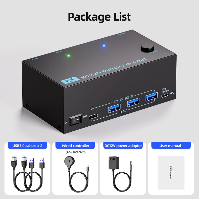 HDMI KVM Switch 3 Monitors 2 Computers 8K@60Hz/4K@120Hz, USB3.0 KVM Switches 2 Computers for 2 PC Sharing Triple Monitor and Keyboard Mouse, Wired Controller and USB Cables Including