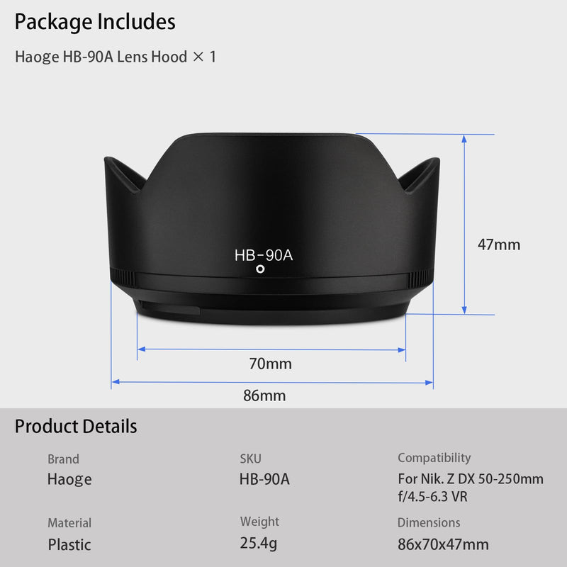 [AUSTRALIA] - Haoge HB-90A Bayonet Lens Hood for Nikon Nikkor Z DX 50-250mm f/4.5-6.3 VR Lens Replaces Nikon HB90A 