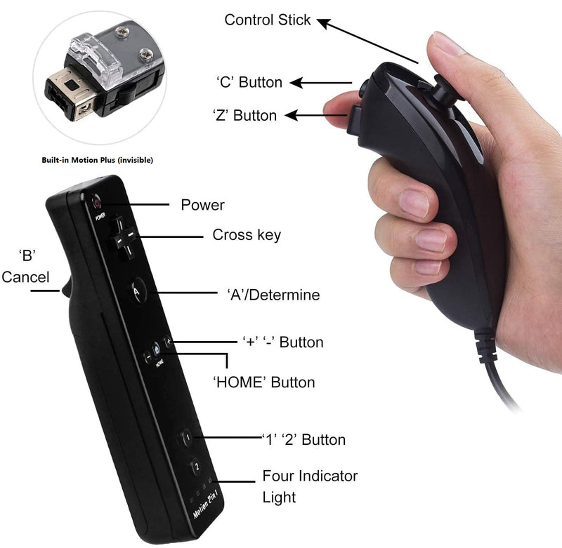 Motion Plus Wii Controllers 2Packs with Nunchucks, Wii Remote Controllers Compatible for wii and Wii U with Built in Motion Plus Black&White