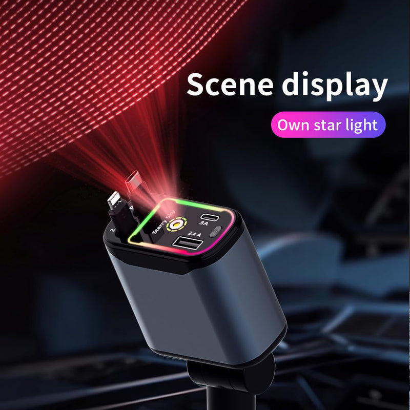 Starlight Retractable Car Charger,66W Starlight in Car roof Fast Car Chargers Adapter 4 in 1 with 2 USB Car Chargers for iPhone 16/15/14/13/12/11 and for Android USB C Cable (X3) X3