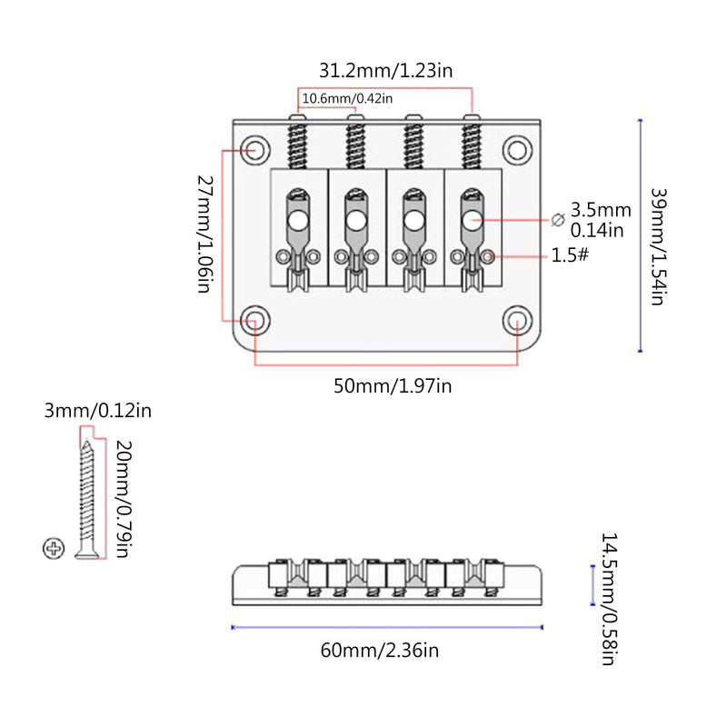 [AUSTRALIA] - MEELYHOMEZQA 4 String Cigar Box Guitar Bridge, Electric Guitar Bridge Tailpiece Top Load Fixed Hardtail Saddle Cigar Box Guitar Parts, Silver 