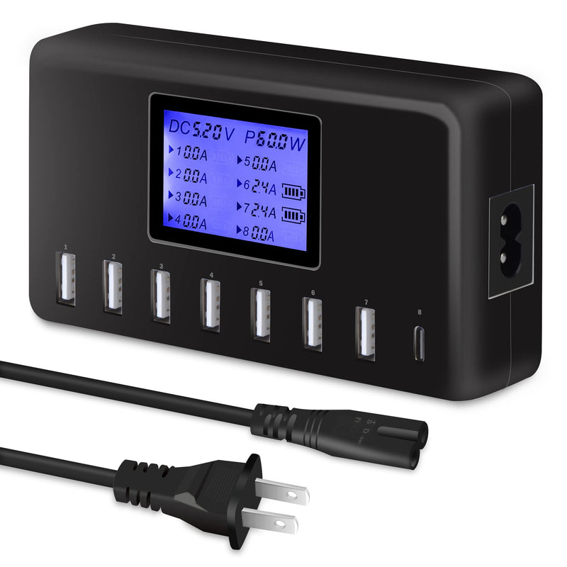 USB Charger, slitinto 60W 12A 8-Port USB Charging Station Multi Port USB Hub Charger Compact Size LCD Display Compatible with iPhone iPad Samsung Kindle Tablet Bluetooth Earbuds and More Black