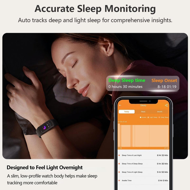 FITVII Slim Fitness Tracker for Women Men, Fitness Watch for Android iOS | 24/7 Heart Rate & Blood Pressure, Blood Oxygen, Sleep Monitor, IP68 Waterproof Activity Trackers with Calories Step Counter Black