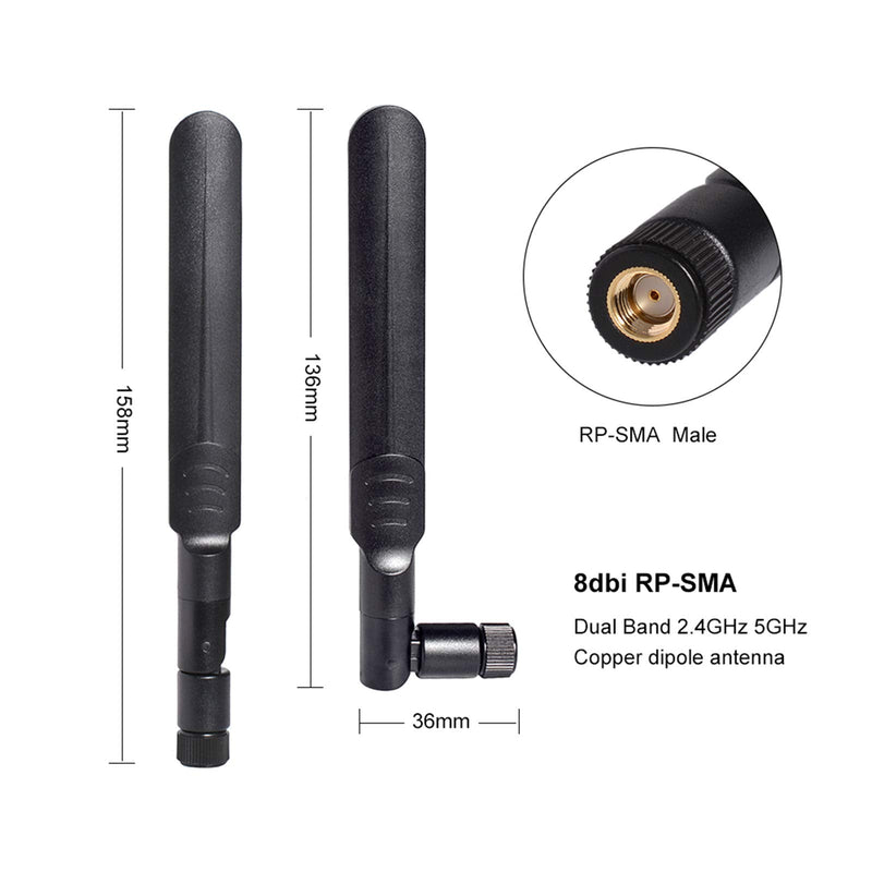 2 x 8dBi WiFi RP-SMA Male Antenna 2.4GHz 5.8GHz Dual Band | 2 x 15CM U.FL/IPEX to RP-SMA Female Pigtail Cable for Mini PCIe Card Wireless Routers, Repeater, FPV UAV Drone and PS4 Build
