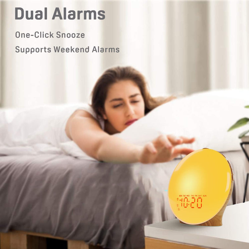 Wake Up Light Sunrise Alarm Clock for Kids, Heavy Sleepers, Bedroom, Full Screen with Sunrise/Sunset Simulation, Fall Asleep, Dual Alarms, FM Radio, Colorful Nihgt Lights, Natural Sounds, Wood Grain