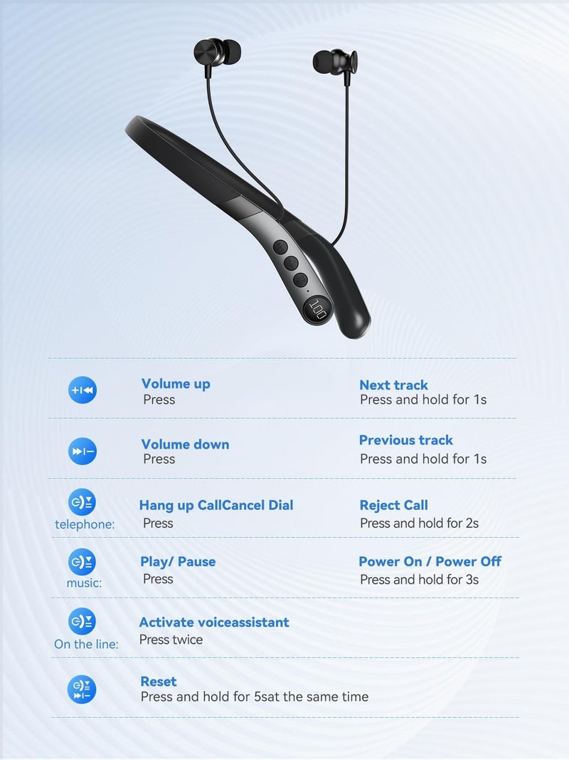 Bluetooth Neckband Headphones, Wireless Earbuds with Mic, 60H, IPX5 | 60H Playtime, IPX5 Sweat & Water Resistance, Bluetooth 5.4, Magnetic Neckband, S/M/L Ear Tips, Call Noise Reduction