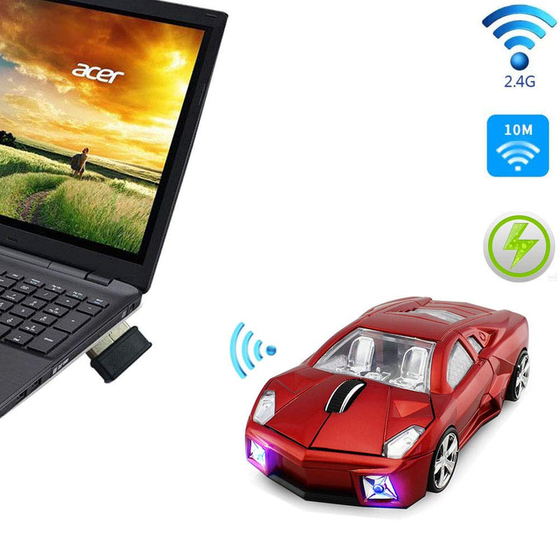 jinfili 2.4GHz Sports Car Wireless Mouse Optical Cool 1600DPI 3D USB Wireless Gaming Mice for Pc Laptop Windows 10 Red