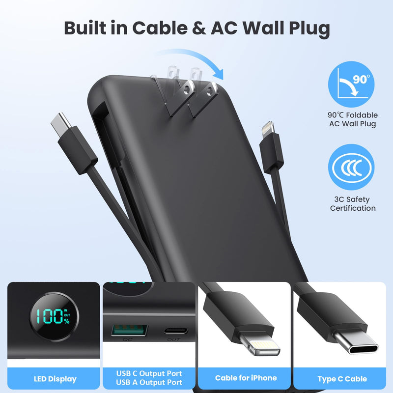 Portable Charger 33800mAh USB C Power Bank with Built-in Cables & AC Wall Plug,25W Fast Charging+QC 4.0 Phone Charger,4 Output LCD Display Battery Pack Compatible with iPhone16/15,Samsung,Android etc Black