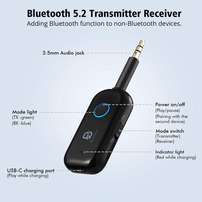[AUSTRALIA] - Bluetooth 5.2 Audio Transmitter Receiver for TV to 2 Headphones, ByDiffer Wireless Dual Link 3.5mm Jack AptX Low Latency Aux Bluetooth Adapter for Car, Airplane, Gym, PC (Black) Black 