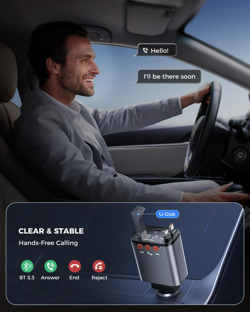 [AUSTRALIA] - SUPERONE 69W Retractable Car Charger with Dual Cables, Compact Bluetooth 5.3 Car Adapter, FM Transmitter Radio Receiver for Hands-Free Calls & MP3 Music, USB C Fast Charging for iPhone Android 