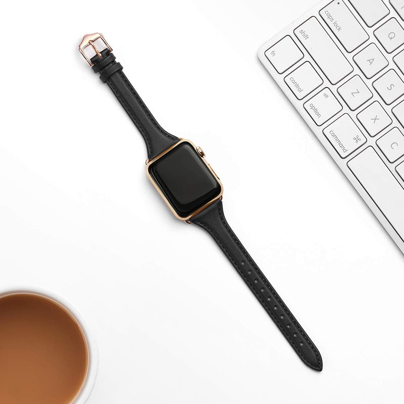Slim Apple Watch Leather Band and Stainless Steel Metal Band for iWatch 38mm, 40mm, and 41mm，Black Gold+Metal Gold