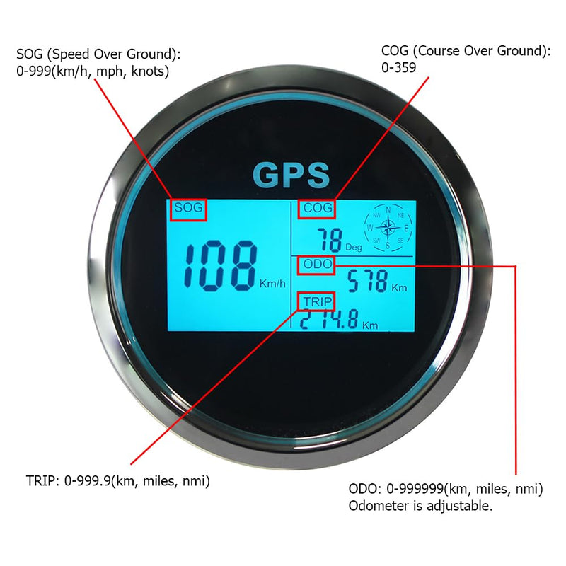 3 3/8" Diameter Auto Digital GPS Speedometer 0-999 MPH KM/H Knots Odometer Adjustable with 7 Backlights 12VDC 24V for Motorbike Boat Truck Racing Car (Black&Silver) Black&Silver