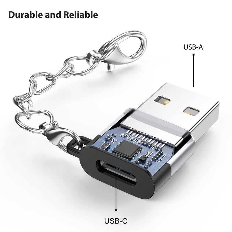 USB C Female to USB Male Adapter 2 Pack, USB A Male to USB C Female Cable Converter with Keychain, USBC Type C Connector Charge & Data Sync for Laptop Car Charger Headphone Computer Hub etc. Silver+Black