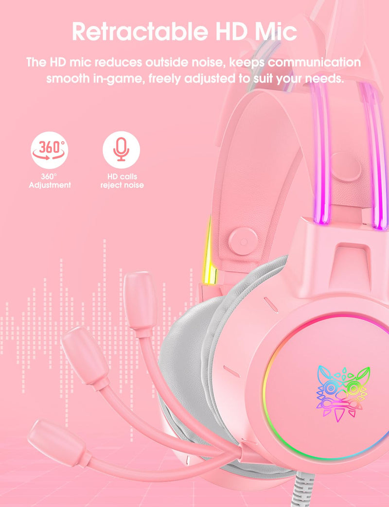 Lightweight Gaming Headset with Detachable Cat Ears, RGB Lighting, Wired Over Ear Headphones with Mic for PC, PS4, PS5, Switch, Stereo Surround Sound, Self-Adjusting Headband Pink Cat Ear