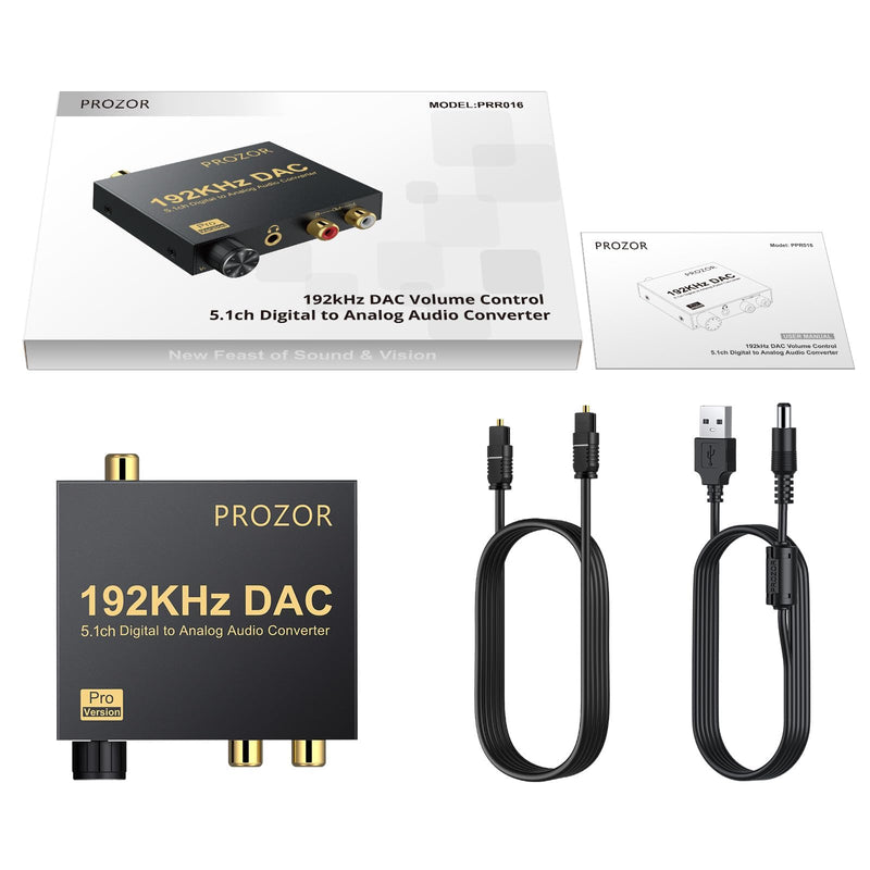 PROZOR 192kHz Digital to Analog Audio Converter Support Dolby AC-3 DTS 5.1CH with Volume Adjustable, Optical to RCA DAC Decoder, Digital DAC Converter SPDIF TOSLINK to Stereo L/R & 3.5mm Jack small DAC Support Dolby AC-3 DTS 5.1CH
