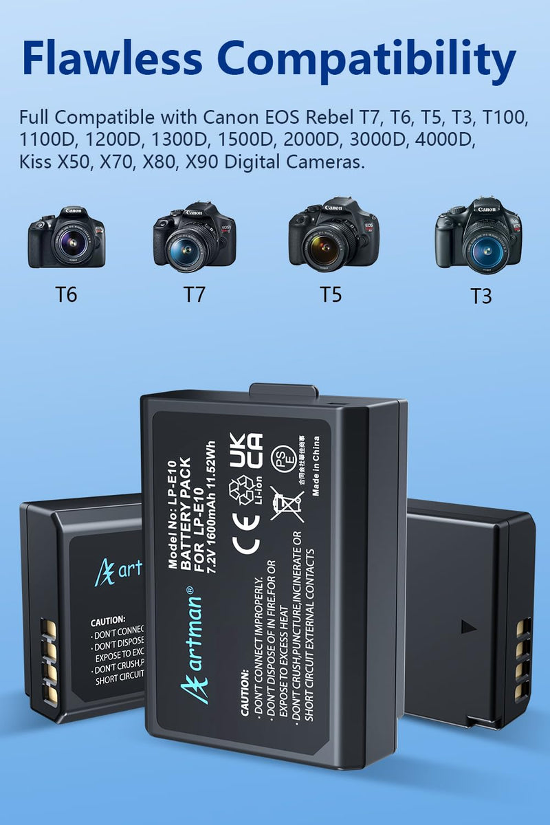 [AUSTRALIA] - Artman 3-Pack LP-E10 Batteries 1600mAh and 3-Slot LCD Charger Pack for Canon EOS Rebel T7 T6 T5 T3 T100 Kiss X50 Kiss X70 EOS 1100D 1200D 1300D 2000D Digital Cameras 