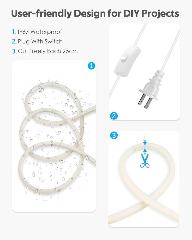 [AUSTRALIA] - 20FT COB LED Strip Light 3000K Warm White AC110V-120V LED Rope Lights Outdoor Waterproof IP65 High Density 288LEDs/M Flexible LED Light Strip with Switch for Garden Bedroom Indoor 6M 