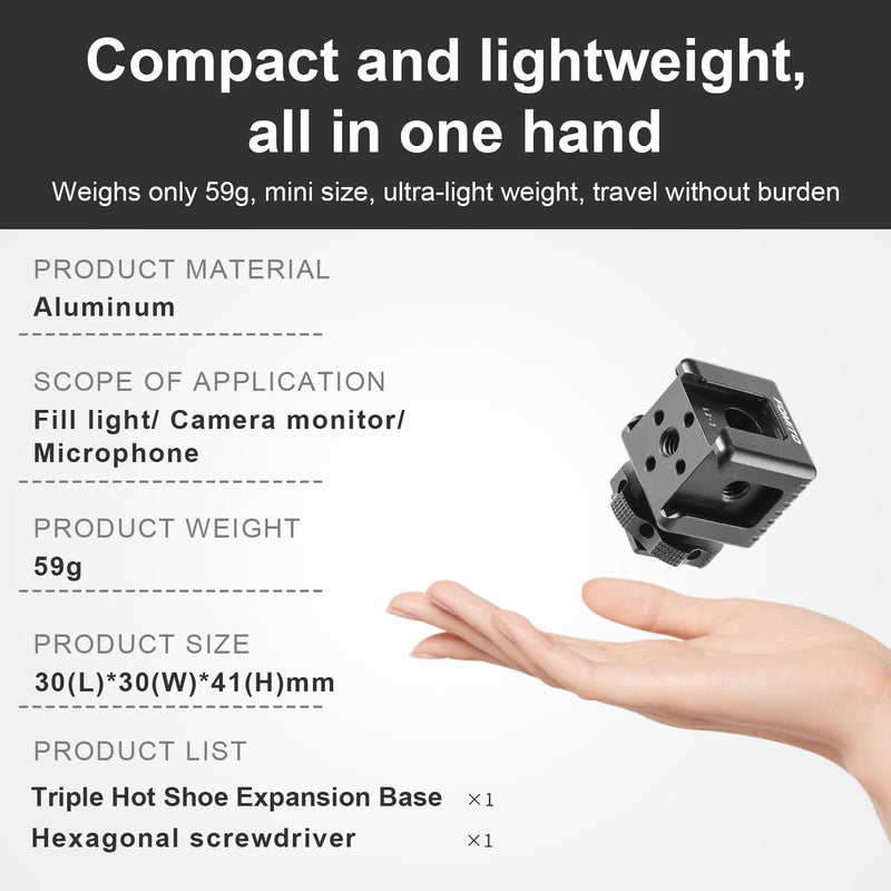 FOMITO 3 Port Cold Shoe Mount with 1/4"-20 Thread for Camea Cage Tripod Grip Flash LED Monitor Microphone