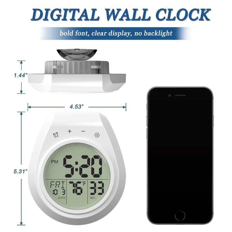 Shower Clock Waterproof Bathroom Timer, Digital Wall Clock Kitchen Clock with Countdown, Touch Screen, Temperature, Calendar, Suction Cup Hanging Hole, for Spa Cook Bath