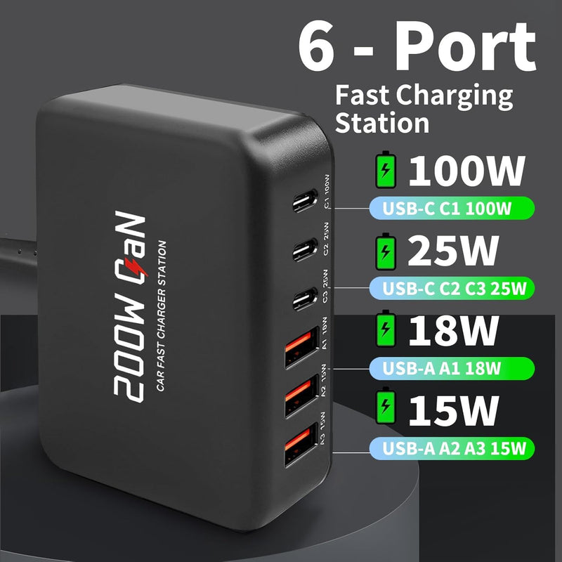 200W USB C Car Charger, 6 Port Multi Fast Charging Car Charger with PD 100W 3.0 PPS, Laptop Car Charger Compatible with MacBook, Galaxy S26/S25, Dell, HP& Other Electronics - Simultaneous Charging