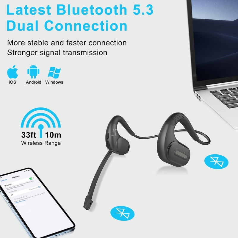iDIGMALL Bluetooth Headset with Detachable Microphone, Multi-Point Wireless Headset w/DSP Noise Canceling Mic for Phone PC Laptop, Comfort & Light Open Ear headphones for Office Meeting Home Work, 12H G9-Black